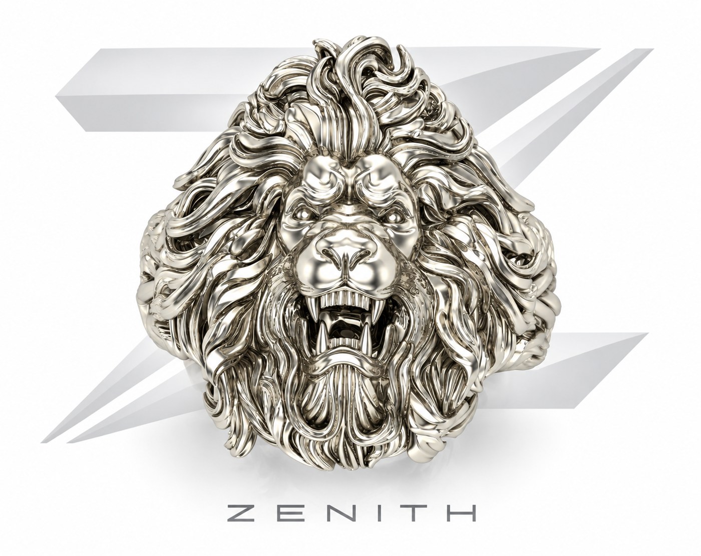 Anel leão esculpido em ouro branco, modelo 3D Zenith