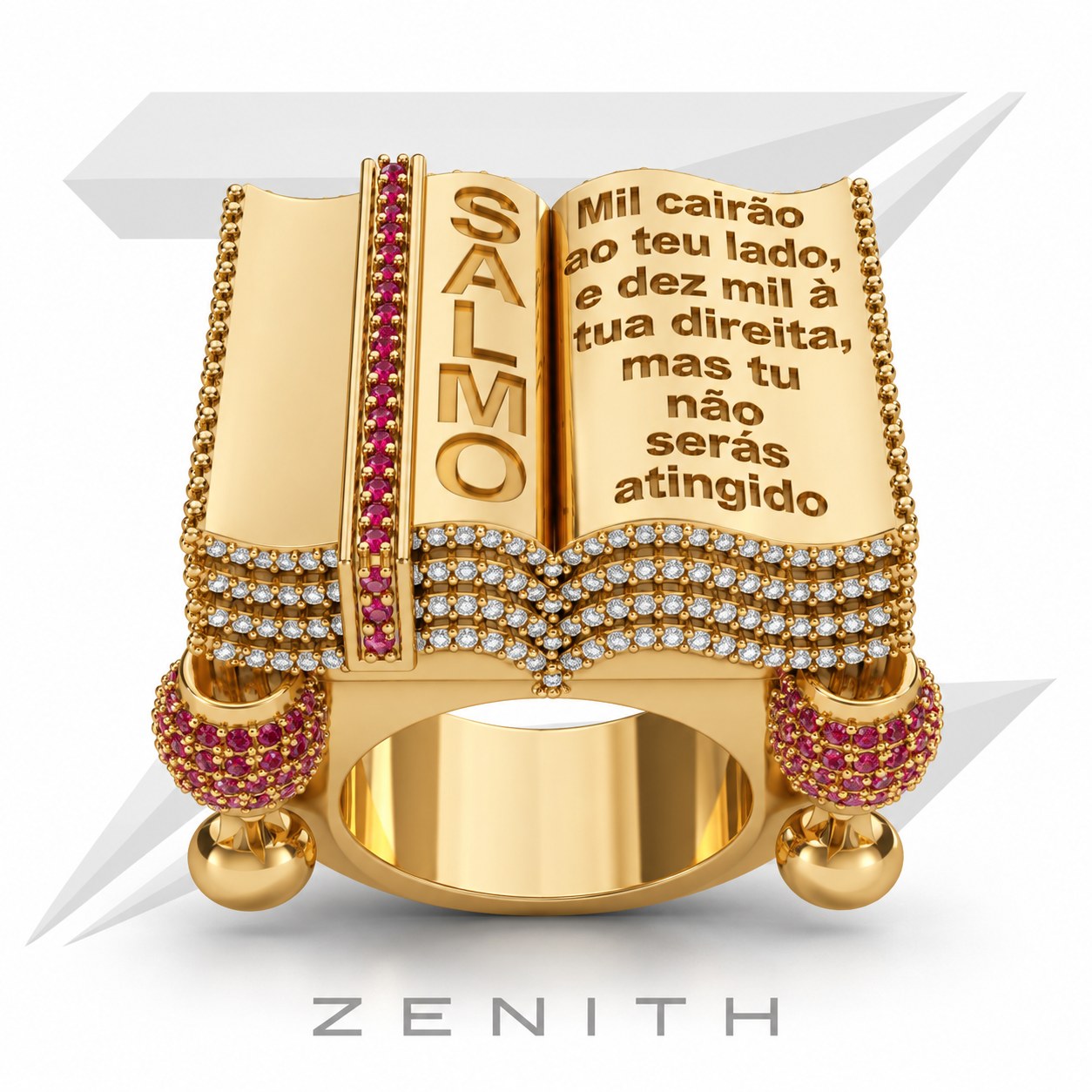 Anel livro do Salmo 91 cravejado, modelo 3D Zenith