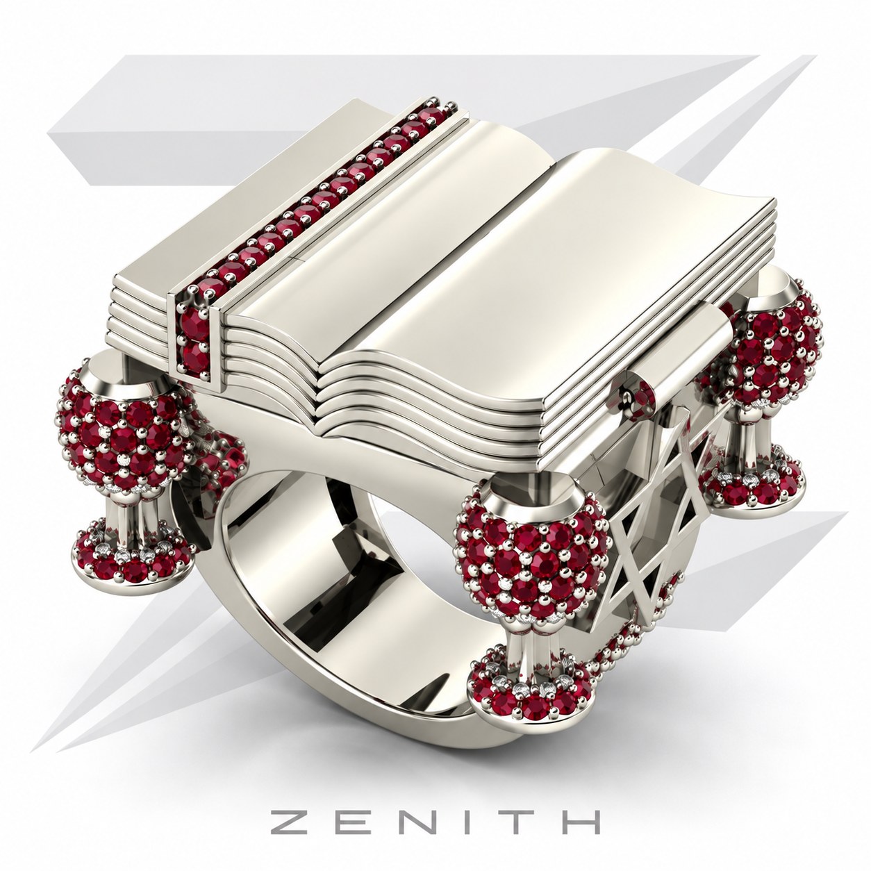 Anel livro com rubis em ouro branco, modelo 3D Zenith