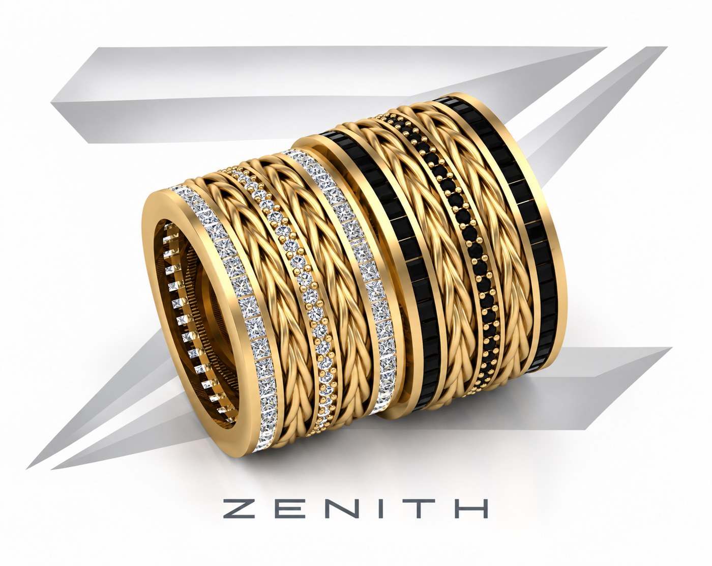 Aliança larga trançada com diamantes, modelo 3D Zenith