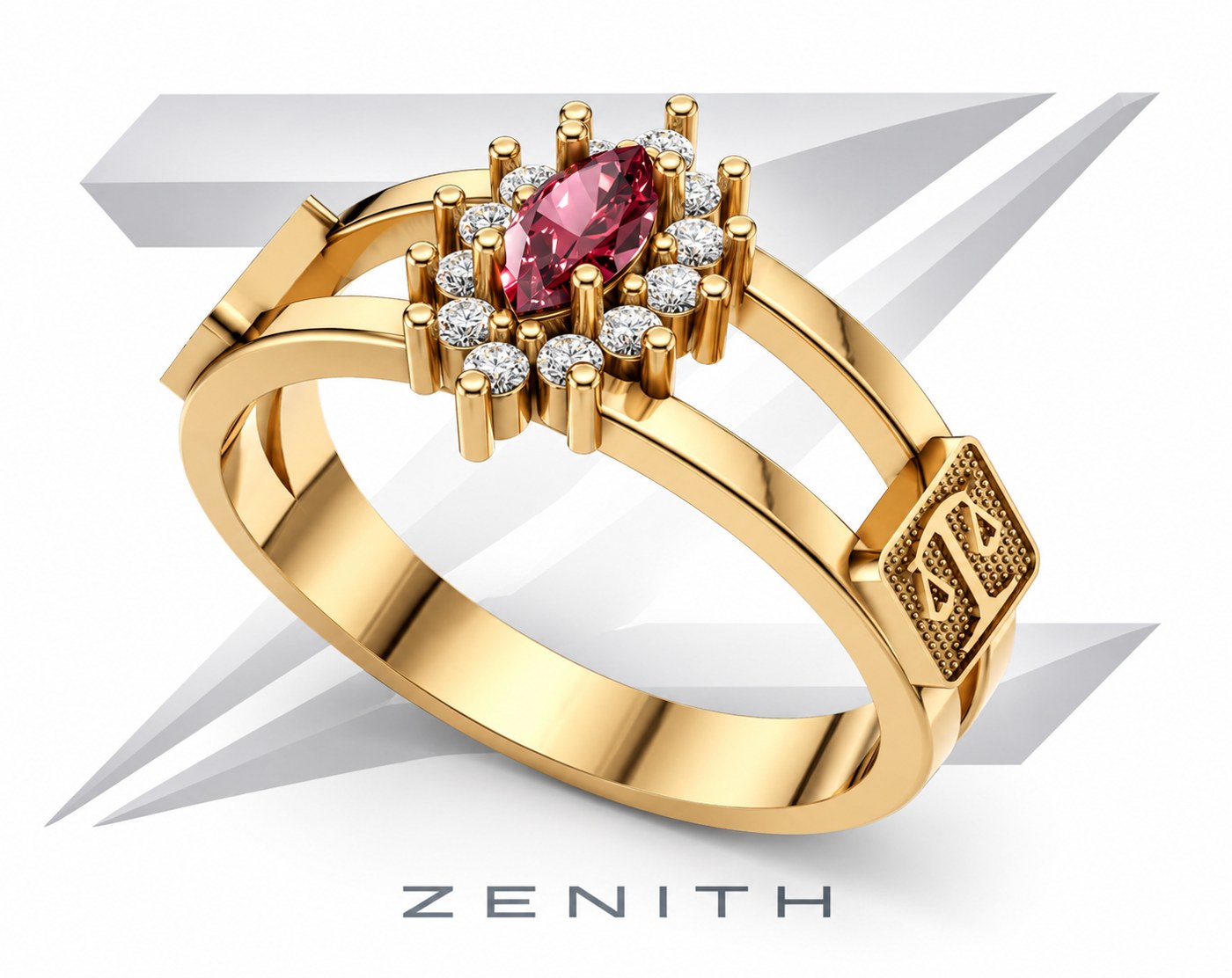 Anel duplo com turmalina rosa, modelo 3D Zenith