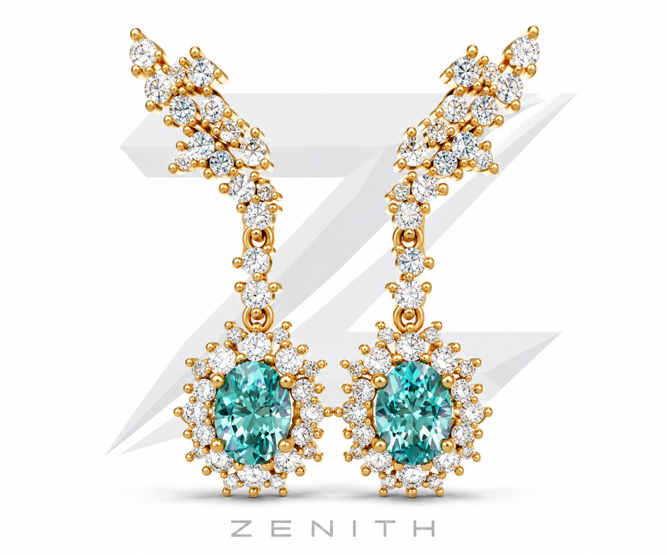 Brincos alongados com turmalinas, modelo 3D Zenith