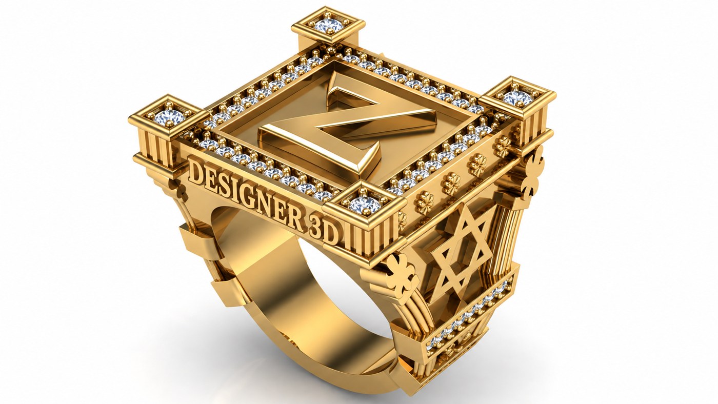 Anel monograma cravejado, modelo 3D Zenith